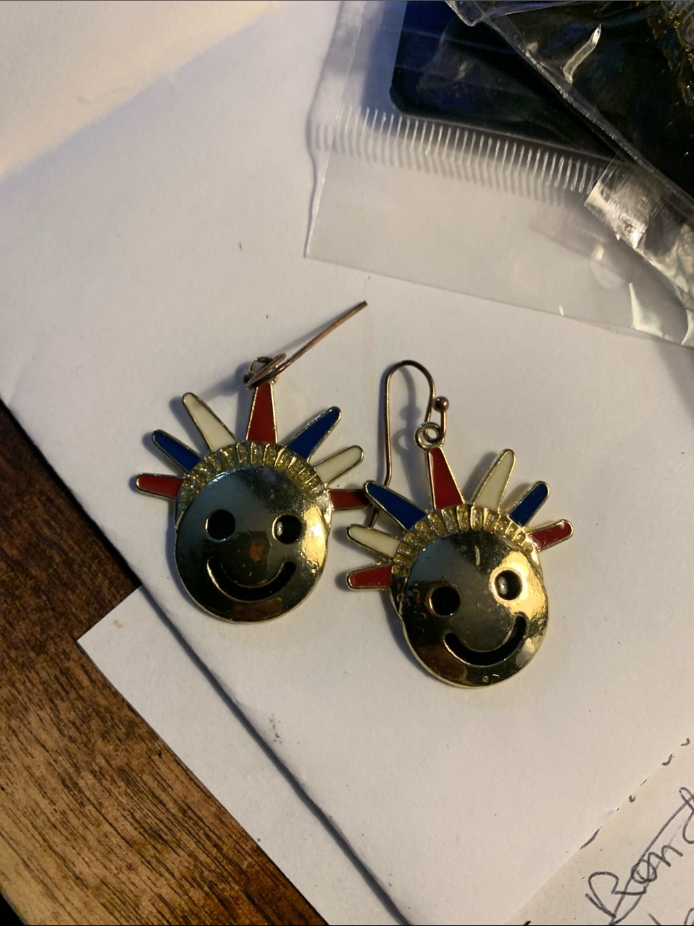 Gold tone Smiley Face Statue of Liberty Crown red, white & blue Dangle Earrings